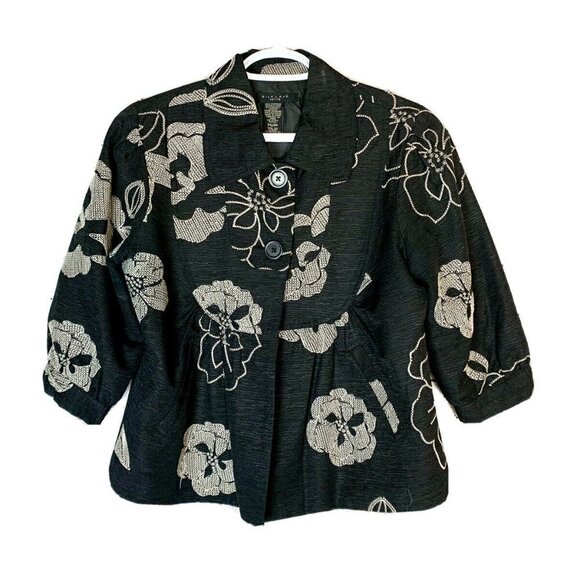 SilkLand Black with Gold Embroidered Blazer Petite Large 92% Silk - Picture 1 of 13